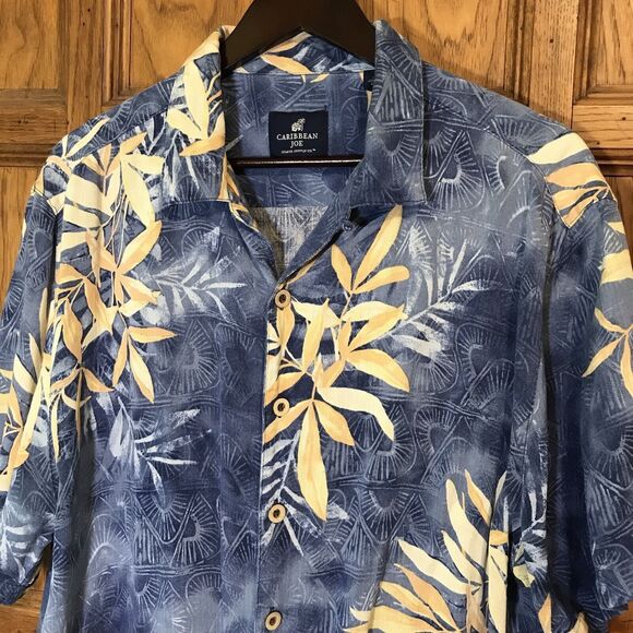 VTG Caribbean Joe Island Supply Co. XL Blue Silk Hawaiian Camp Shirt Button Loop - Picture 2 of 10